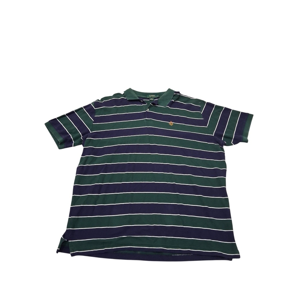 Vintage Lauren Ralph Lauren XXL Navy Green Striped Cotton Crest Logo Polo Shirt